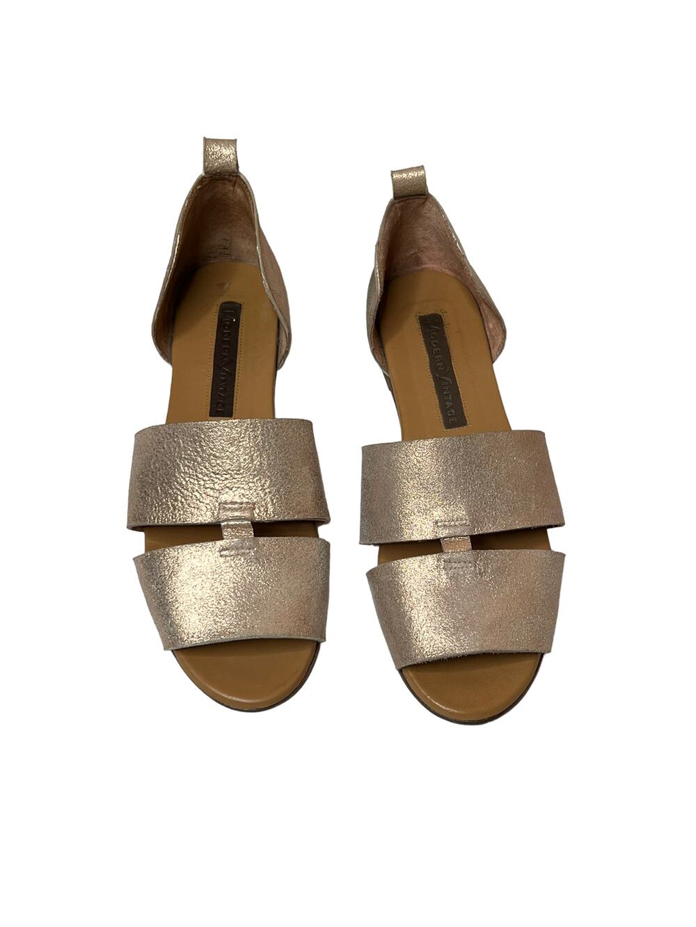 Modern vintage women slip on sandals peep toe flats shoes natural neutral sz 7m